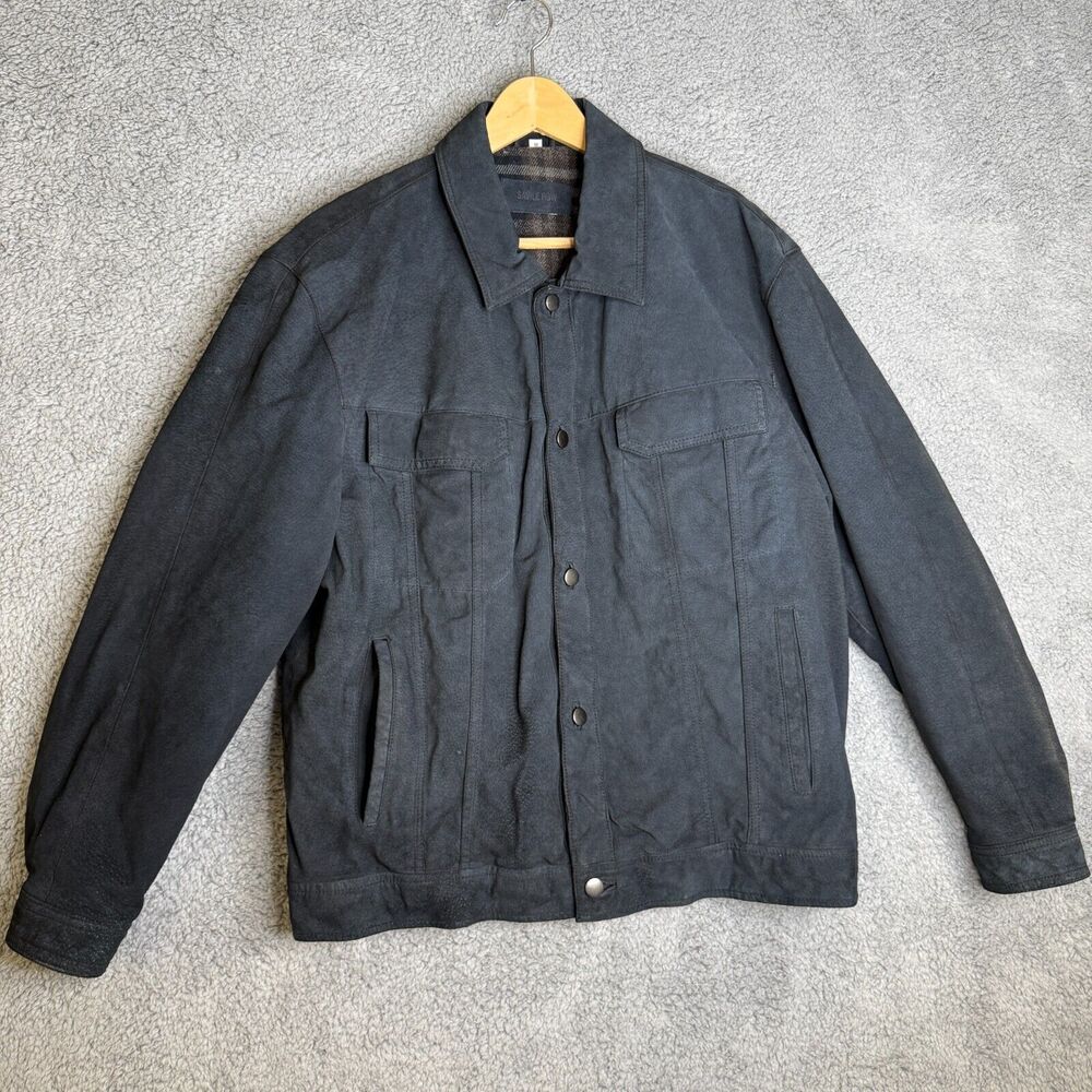 Vintage Savile Row Leather Jacket Mens Medium Black Button Front Plaid Lined